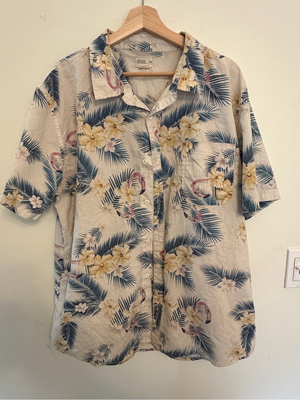 Men's Beige Hawaiian Floral Short-Sleeve Shirt flamingo tiki party